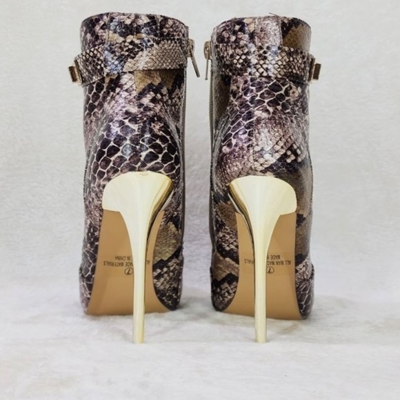 * Mona Mia Snakeskin Print Open Toe 4 3/4" Gold Trim Stiletto Heel Ankle Boots - Picture 7 of 7